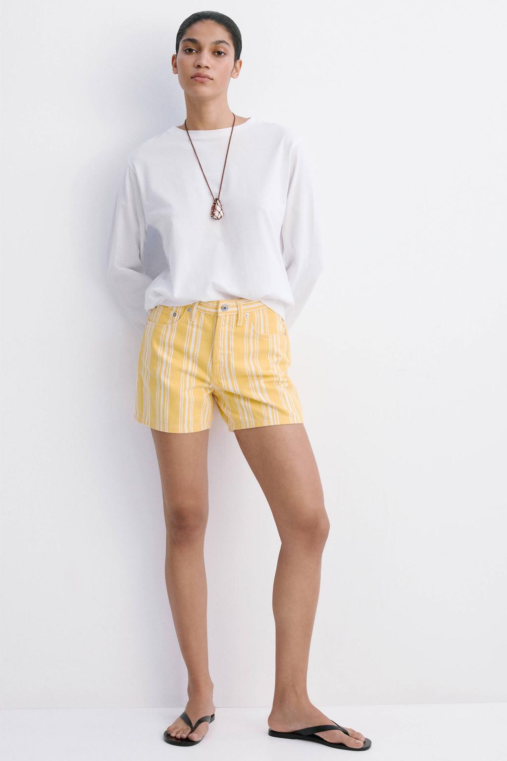 Geel en ecru dames Mango regular waist straight leg gestreepte short van katoen met rits- en knoopsluiting
