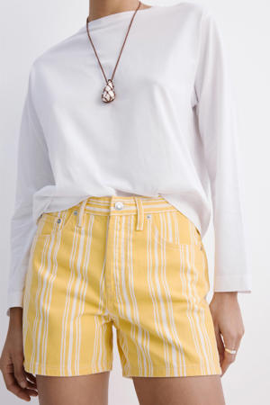 regular waist straight leg gestreepte denim short - geel