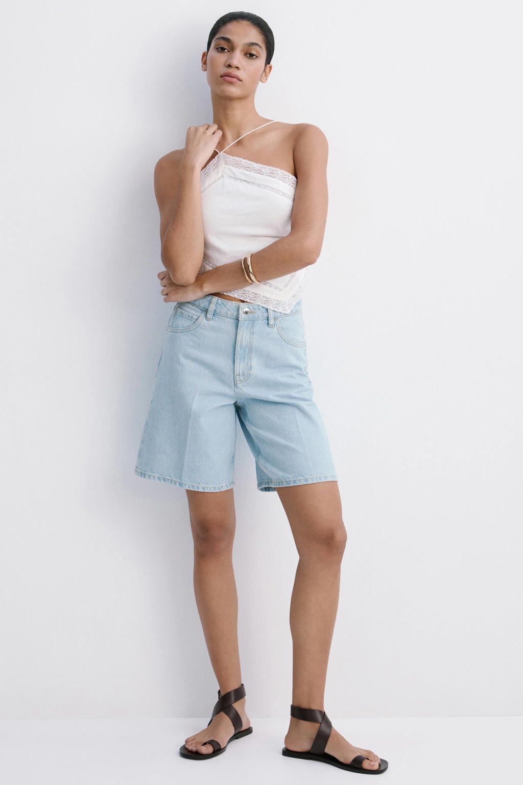 Mango denim regular waist straight leg bermuda short - lichtblauw
