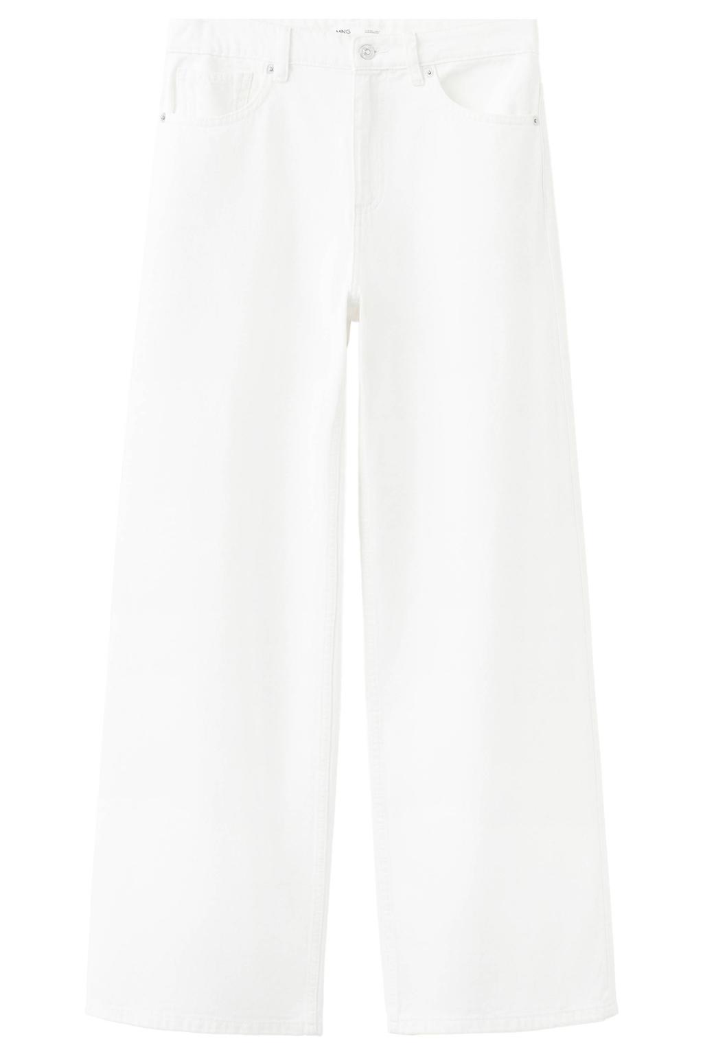 Witte dames Mango regular waist wide leg jeans van denim met rits- en knoopsluiting en effen