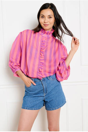 gestreepte blouse met ruches - roze