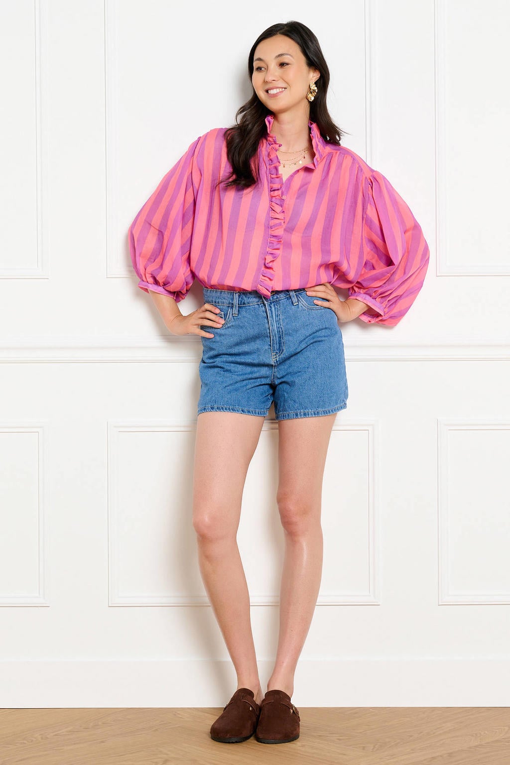 LOLALIZA gestreepte blouse met ruches - roze