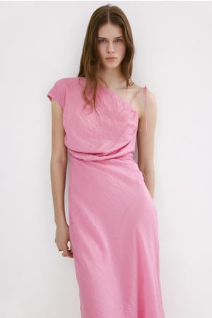one shoulder viscose midi jurk - lichtroze