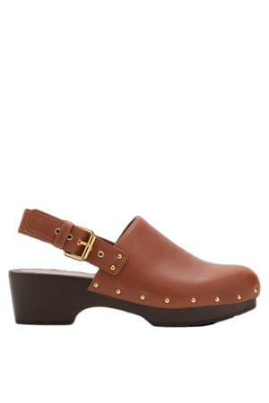 leren clogs met blokhak - cognac