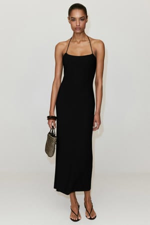 halter midi jurk - zwart