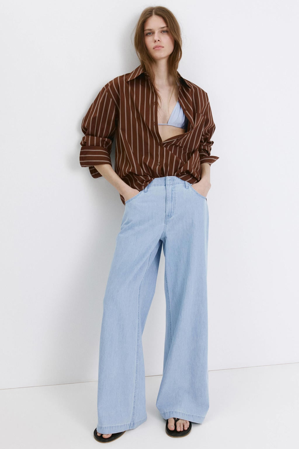 Light blue denim dames Mango wide leg jeans van denim met rits- en knoopsluiting en effen