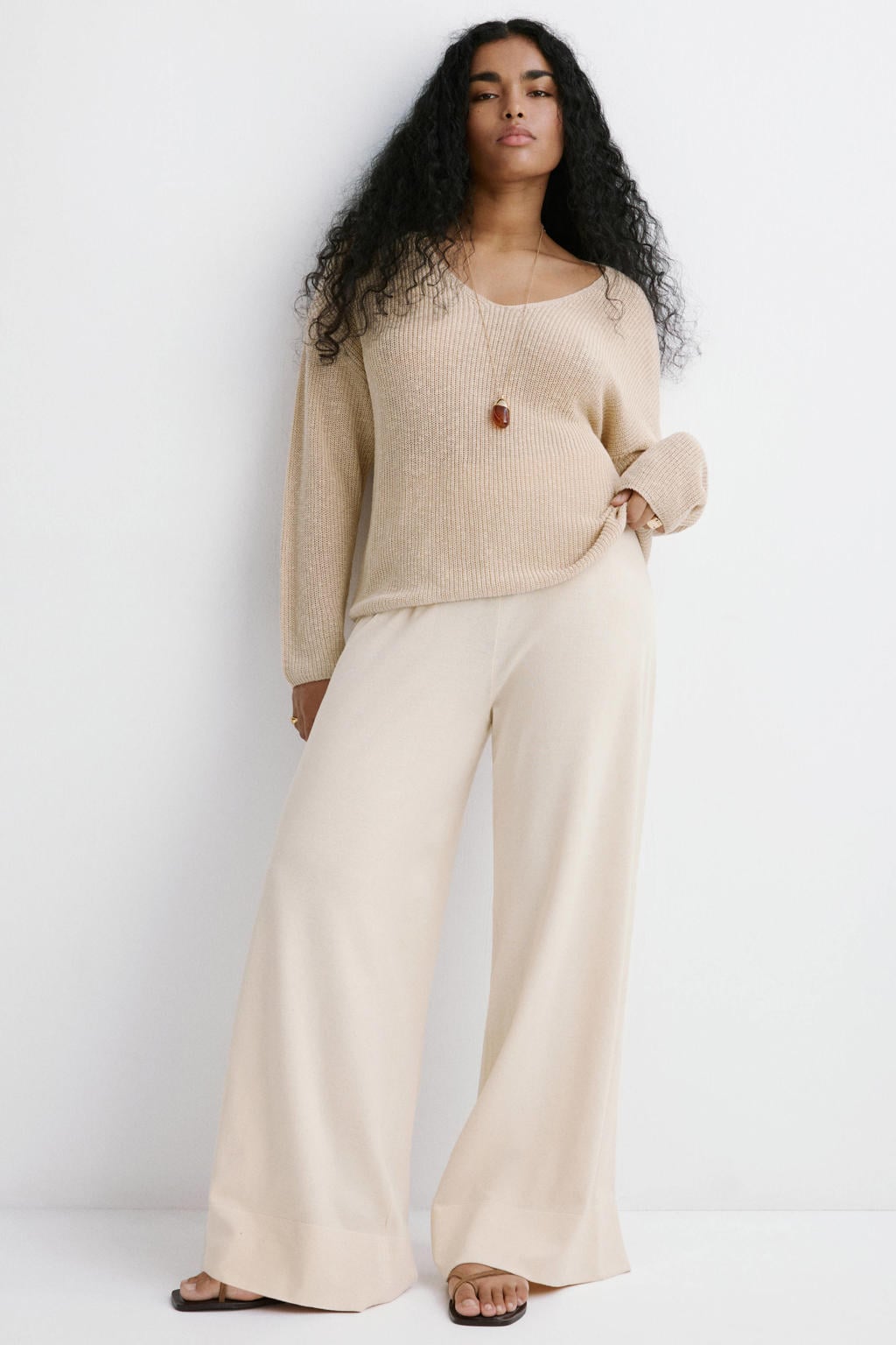 Mango straight leg broek met linnen - ecru