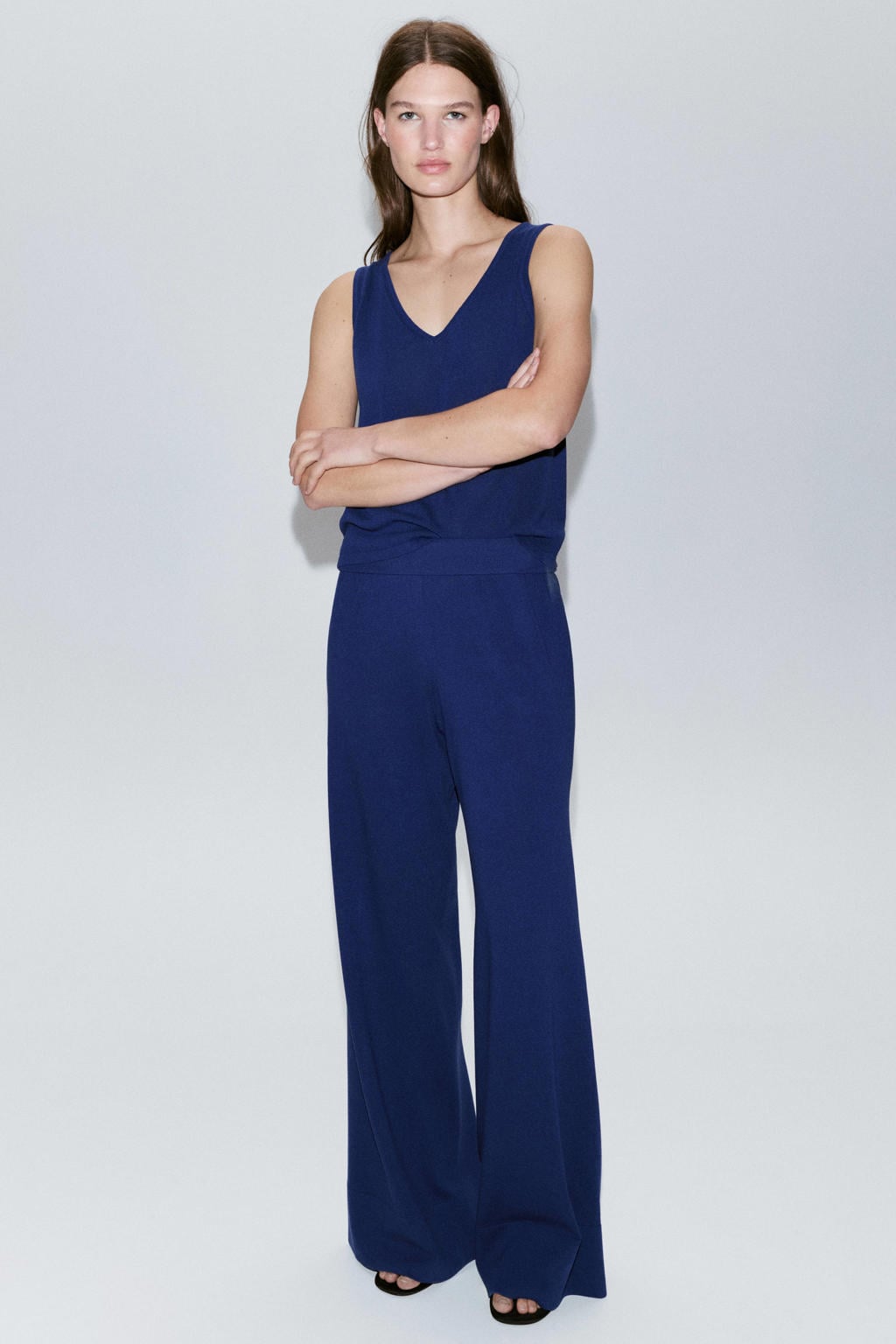 Mango straight leg broek met linnen - blauw