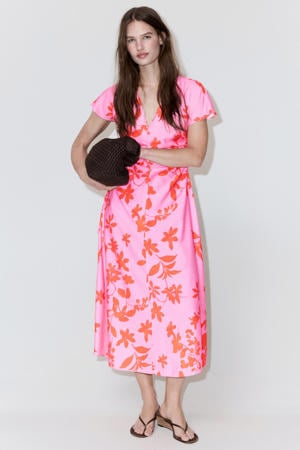 viscose midi gebloemde jurk - roze