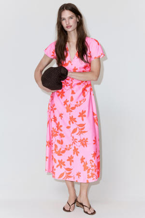 viscose midi gebloemde jurk - roze