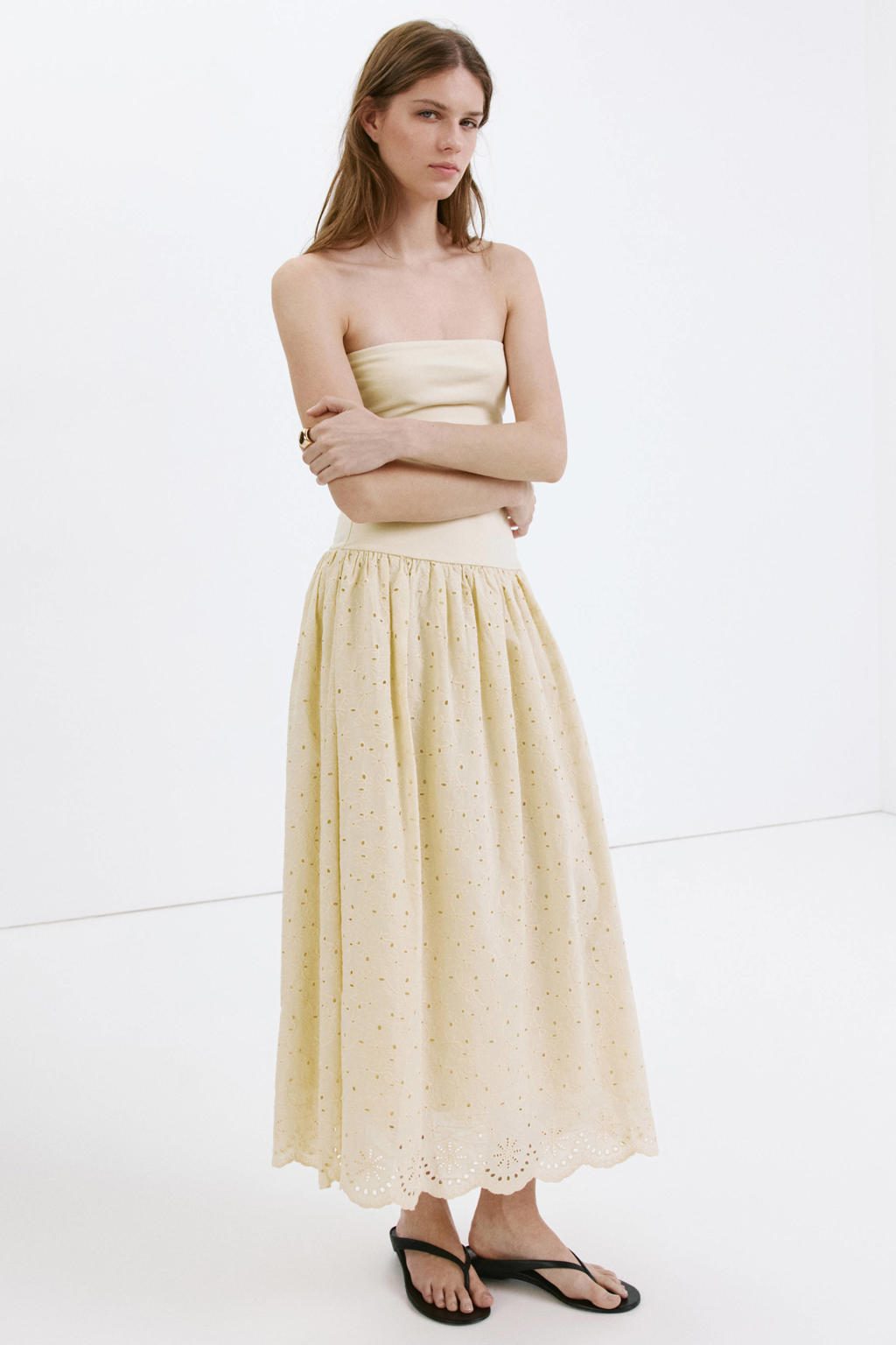 Lichtgele dames Mango strapless maxi broderie jurk van katoen met effen