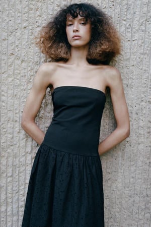 strapless broderie maxi jurk - zwart