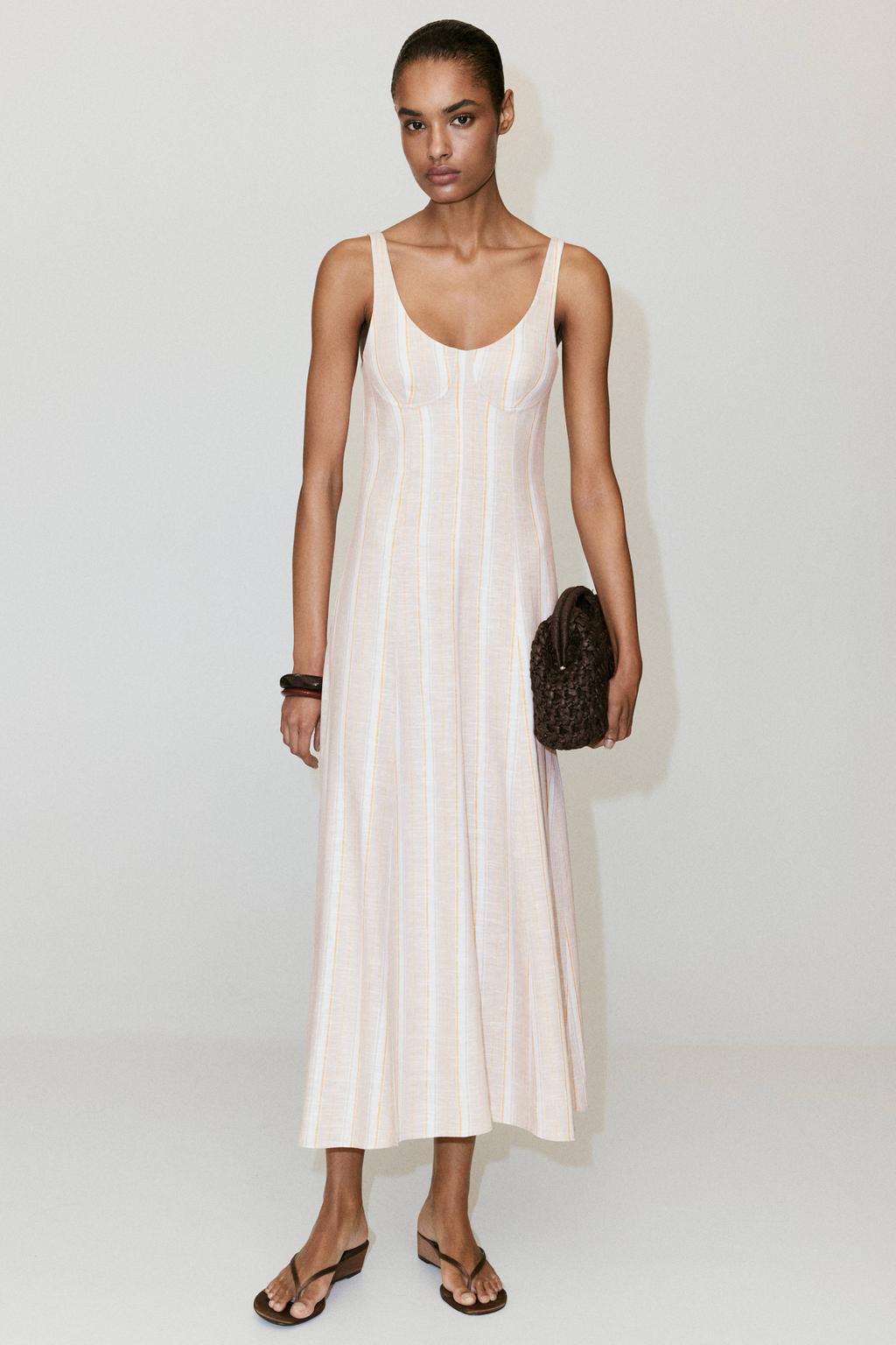 Beige en oranje dames Mango gestreepte maxi zomerjurk van linnen met V-hals en ritssluiting