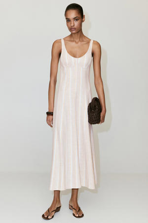 gestreepte maxi zomerjurk met linnen - beige
