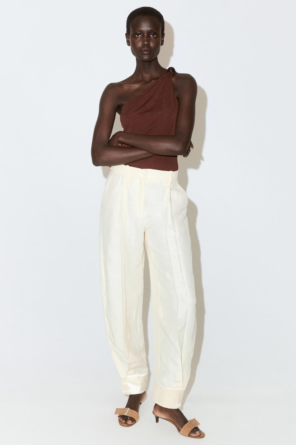 Bruine dames Mango top van polyester met effen en one shoulder