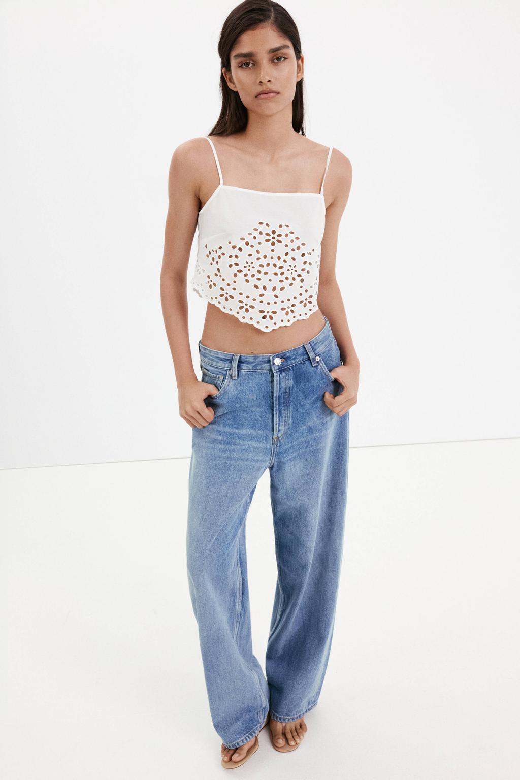 Witte dames Mango top met effen, vierkante hals en borduursels