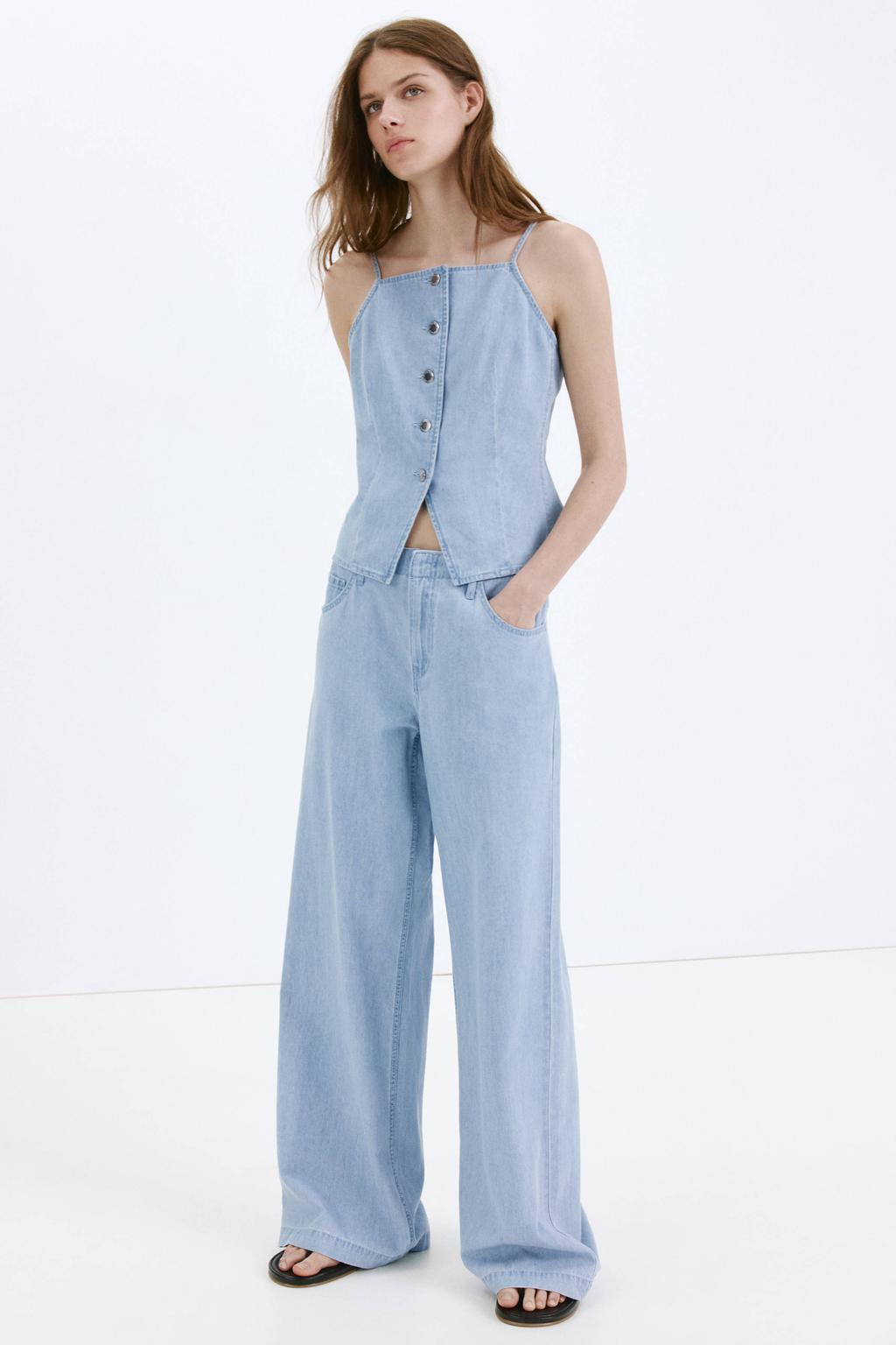 Light blue denim dames Mango mouwloze top van denim met effen en vierkante hals