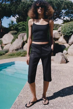 slim fit capribroek met linnen - zwart