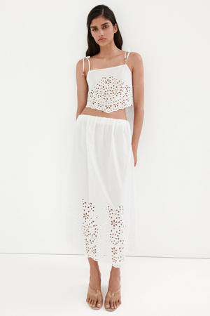 satijnen broderie midi rok - ecru