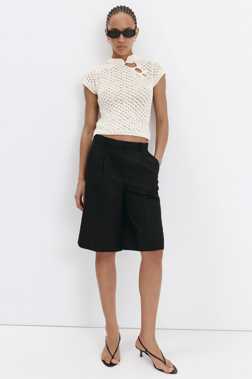 Beige dames Mango gebreide top van polyester met effen, korte mouwen en ronde hals