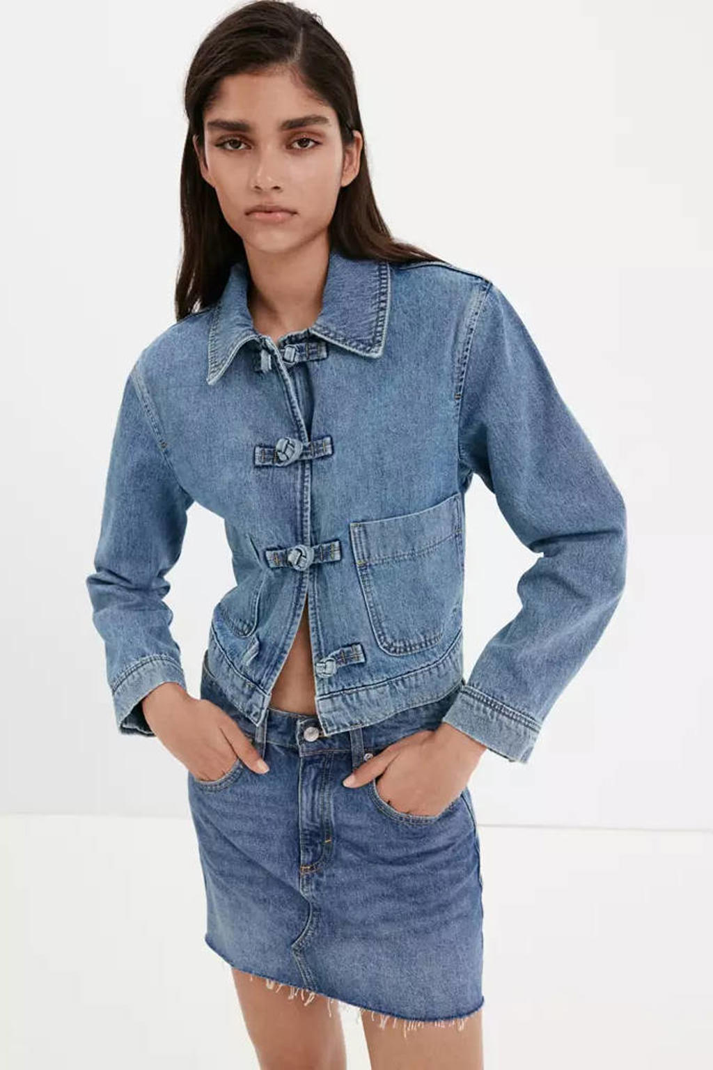 Light blue denim dames Mango spijkerjas van denim met effen, lange mouwen en klassieke kraag