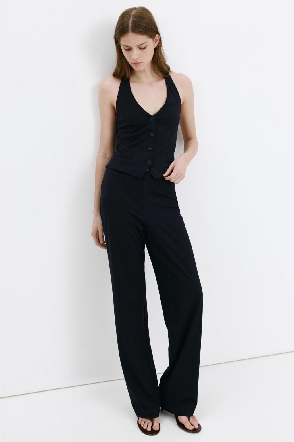 Zwarte dames Mango wide leg broek van viscose met ritssluiting en effen