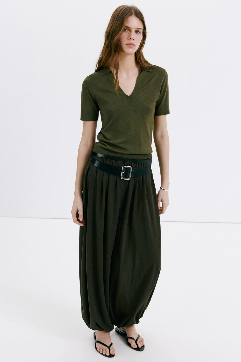 Kakikleurige dames Mango top van viscose met effen, korte mouwen en polo kraag