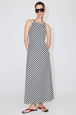 gestreepte midi jurk - marineblauw