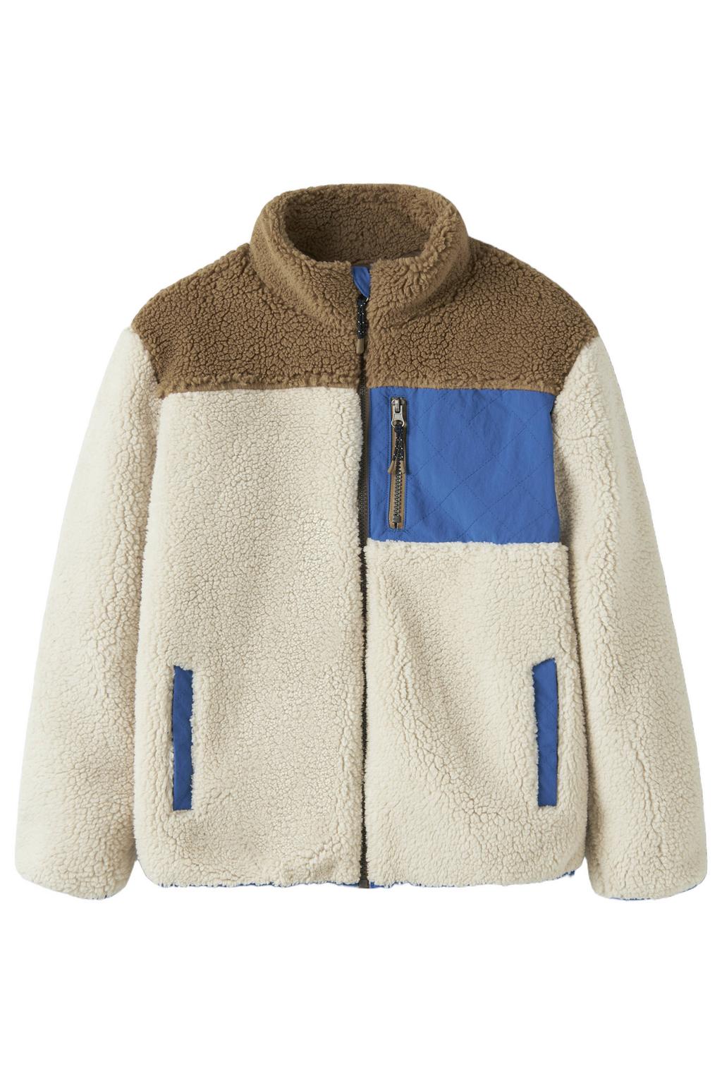 Ecru, bruin en blauwe jongens NAME IT KIDS teddy jas met meerkleurige print, lange mouwen, capuchon en ritssluiting