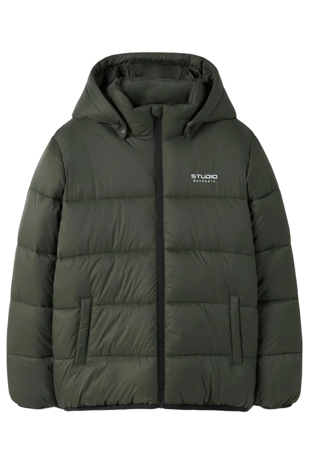 Groene jongens NAME IT KIDS gewatteerde winterjas van nylon met effen, lange mouwen, capuchon en ritssluiting