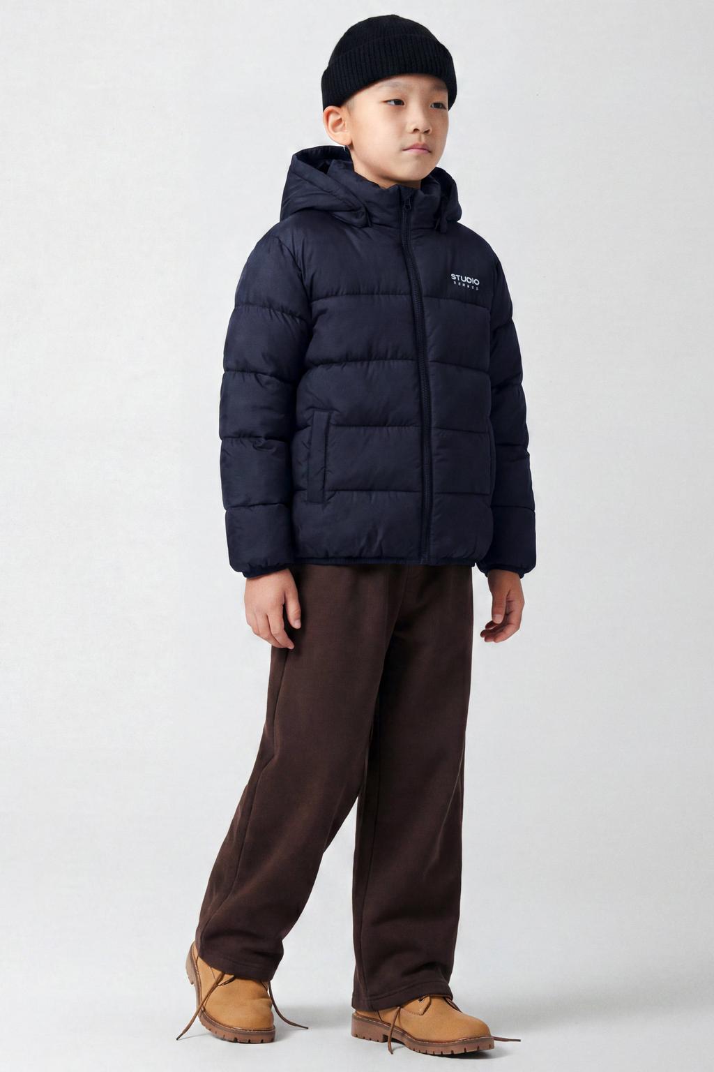 Donkerblauwe jongens NAME IT KIDS gewatteerde winterjas van nylon met effen, lange mouwen, capuchon en ritssluiting