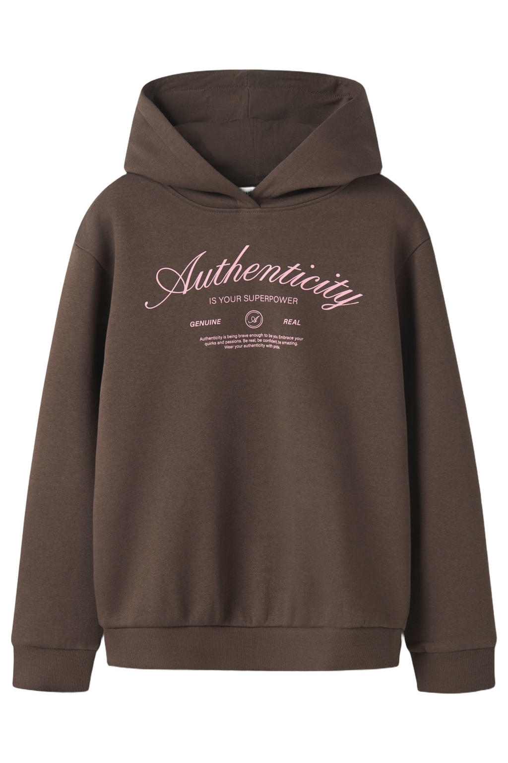 Bruine meisjes NAME IT KIDS regular fit hoodie van sweat materiaal met tekst print, lange mouwen en capuchon