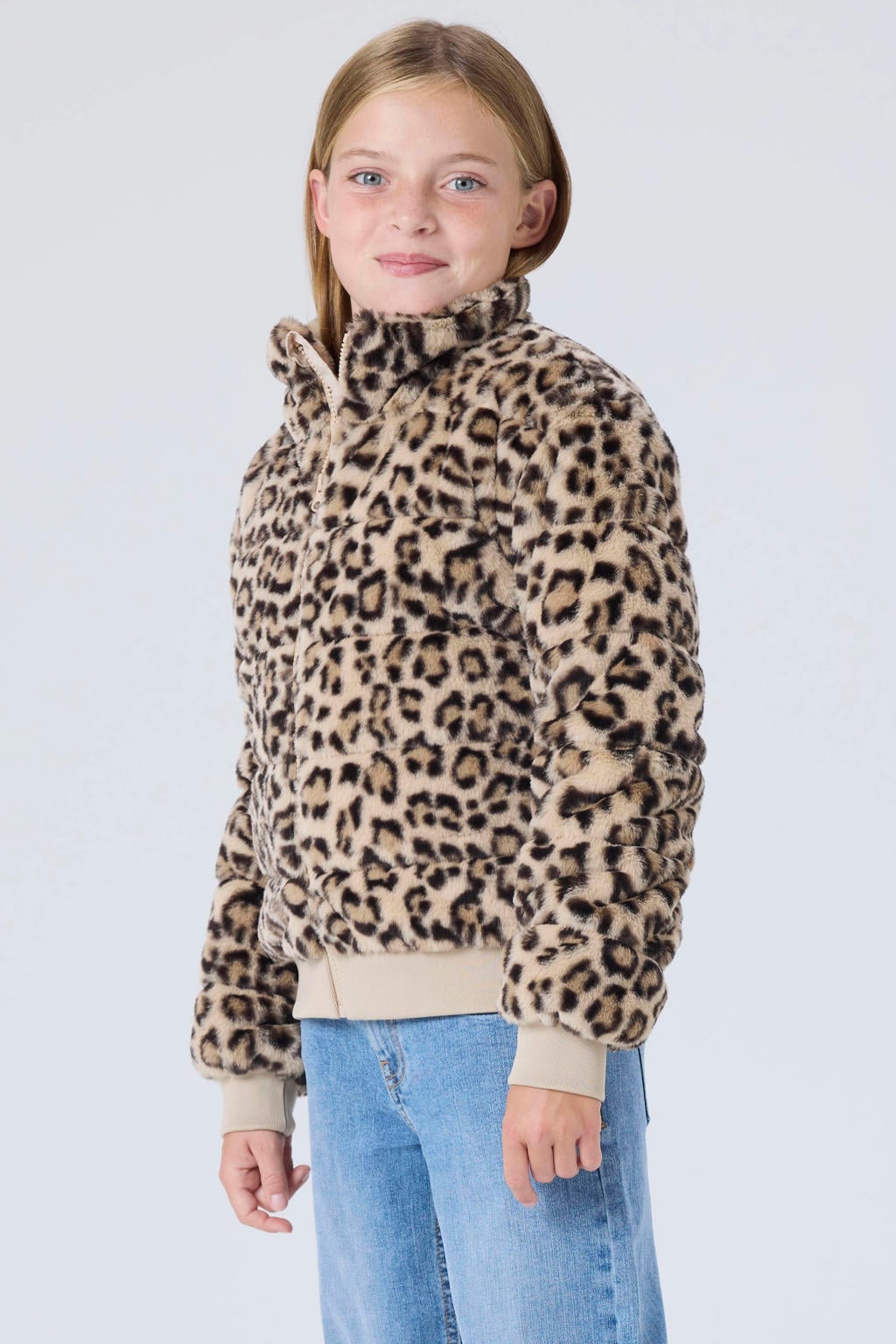 NAME IT KIDS faux fur jas met panterprint - beige