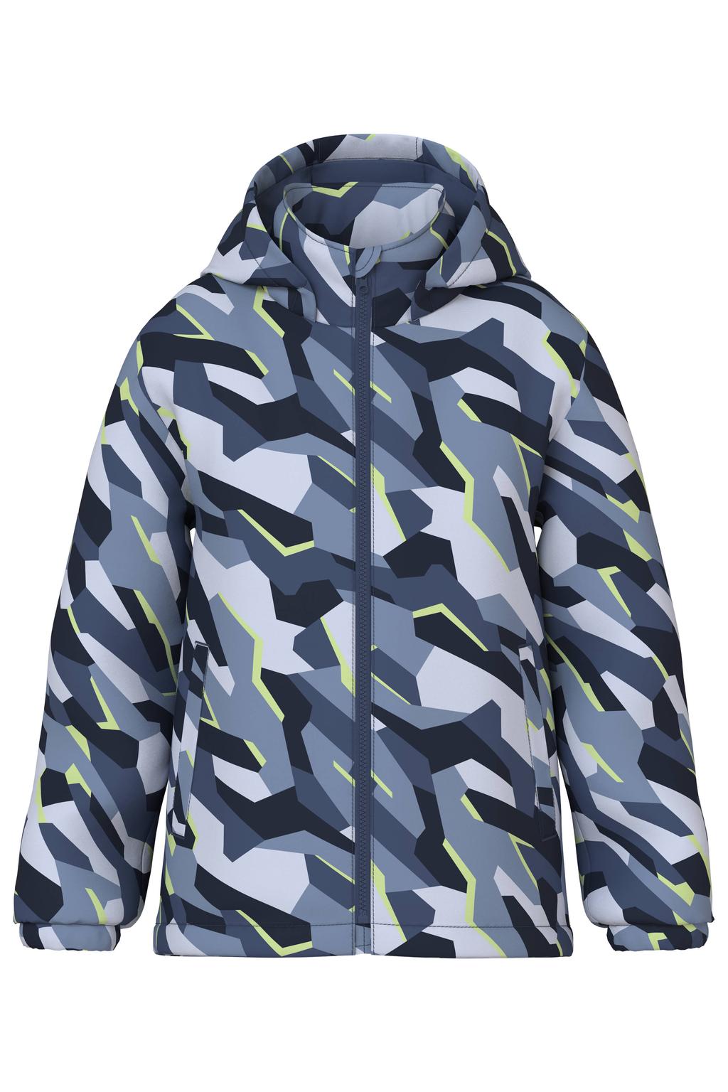 Blauwe jongens NAME IT KIDS camouflage tussenjas van polyester met lange mouwen, capuchon, ritssluiting en reflecterende details