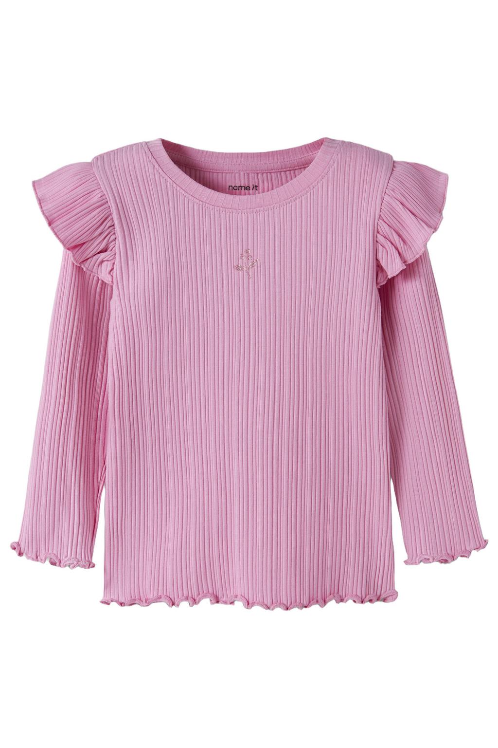 Roze meisjes NAME IT MINI slim fit longsleeve van katoen met effen, lange mouwen, ronde hals en rib gebreide details