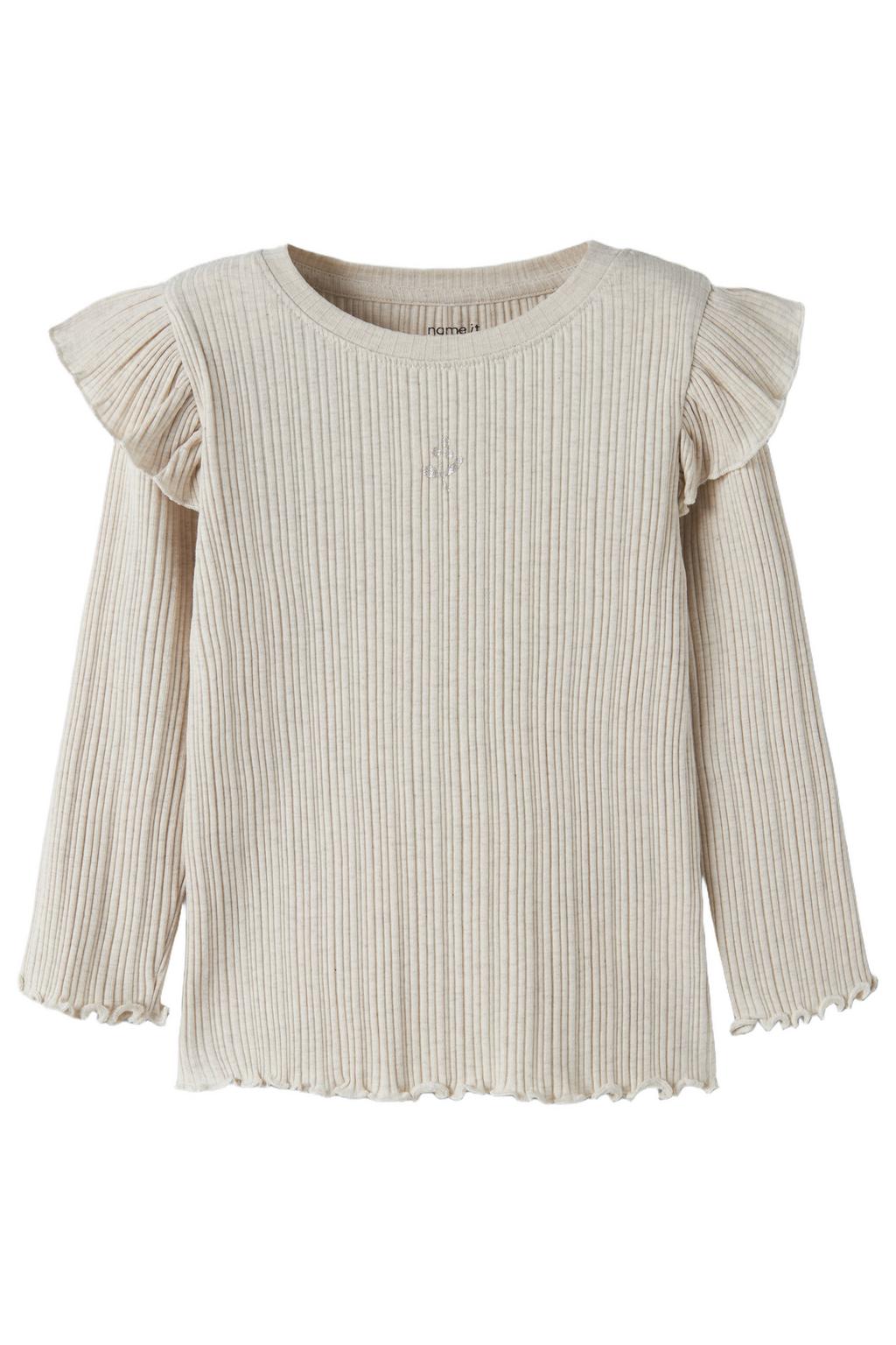 Ecru meisjes NAME IT MINI slim fit longsleeve van katoen met effen, lange mouwen, ronde hals en rib gebreide details