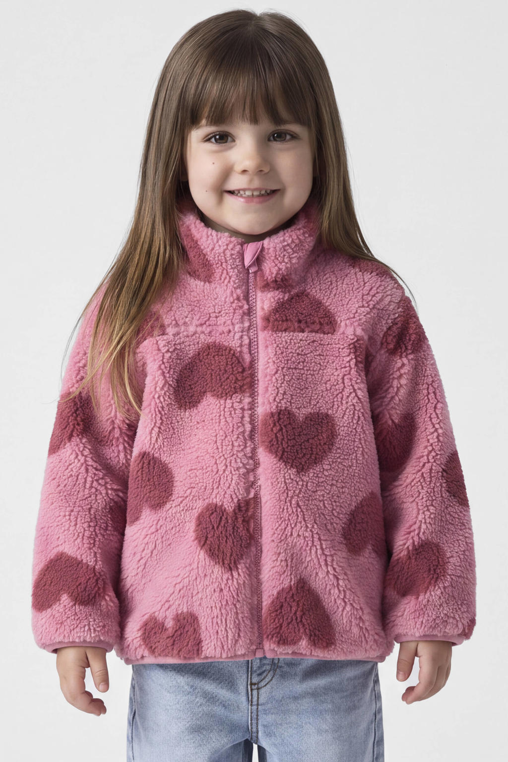 Roze en rode meisjes NAME IT MINI teddy jas met lange mouwen, opstaande kraag en ritssluiting