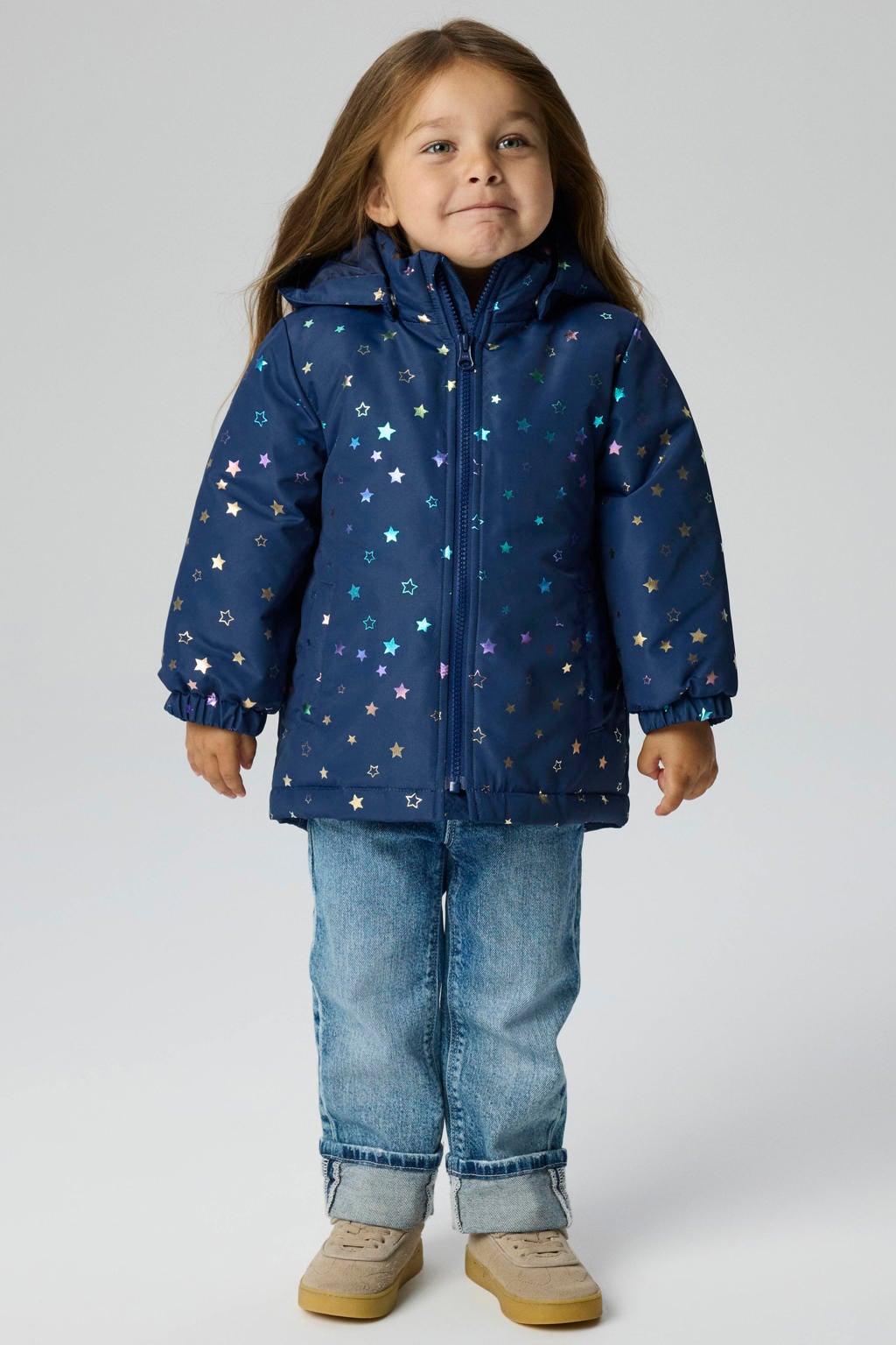 Donkerblauwe meisjes NAME IT MINI tussenjas van polyester met lange mouwen, capuchon, ritssluiting en reflecterende details