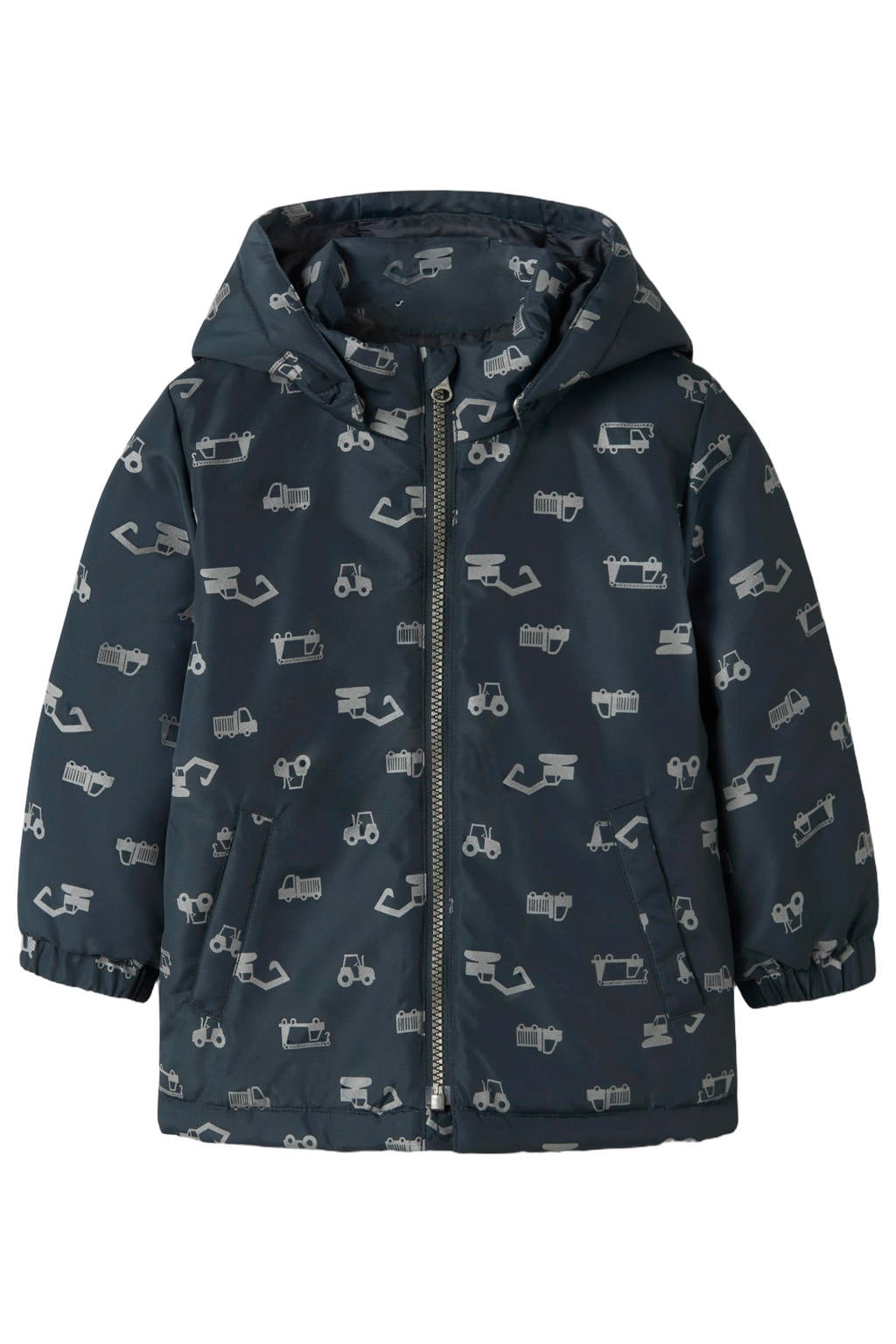 Donkerblauwe jongens NAME IT MINI tussenjas van polyester met lange mouwen, capuchon en ritssluiting