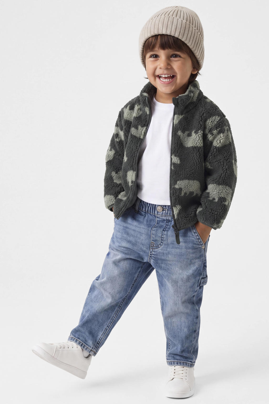 Groene jongens NAME IT MINI teddy jas met lange mouwen, col en ritssluiting