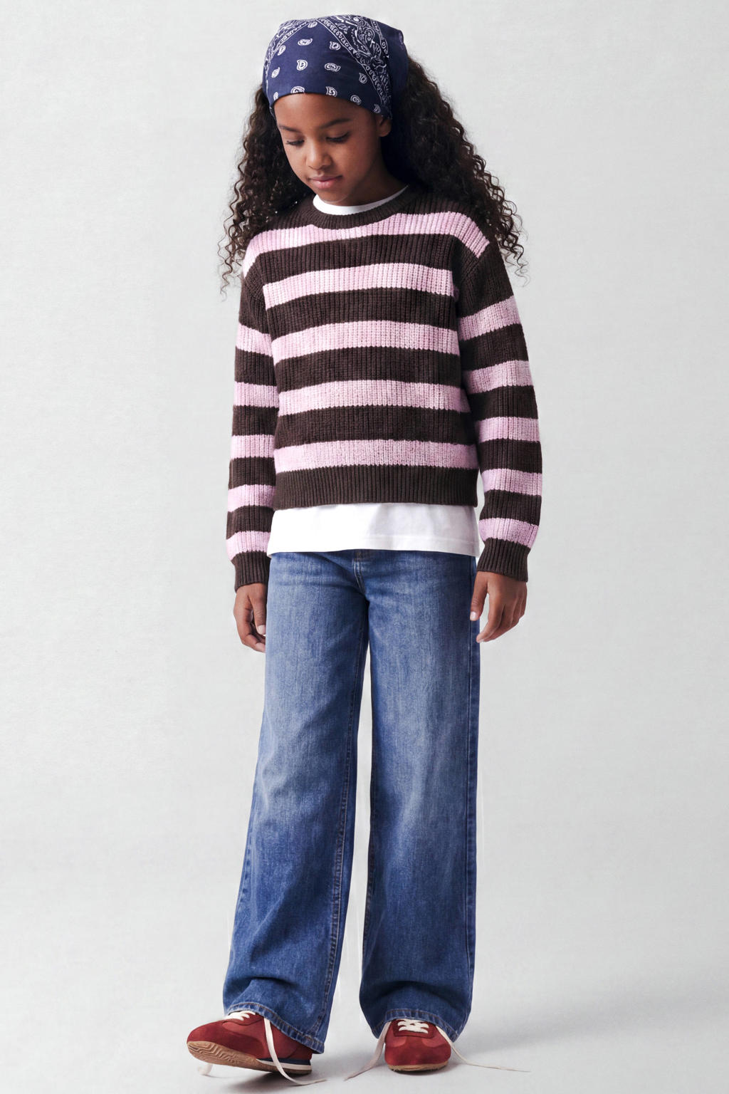 Bruin en roze meisjes NAME IT KIDS oversized gebreide gestreepte trui van acryl met lange mouwen en ronde hals