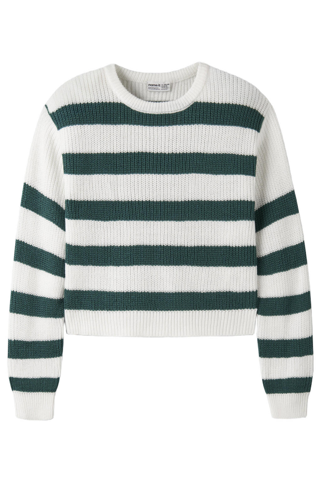 Wit en donkergroene meisjes NAME IT KIDS oversized gestreepte gebreide trui van acryl met lange mouwen en ronde hals
