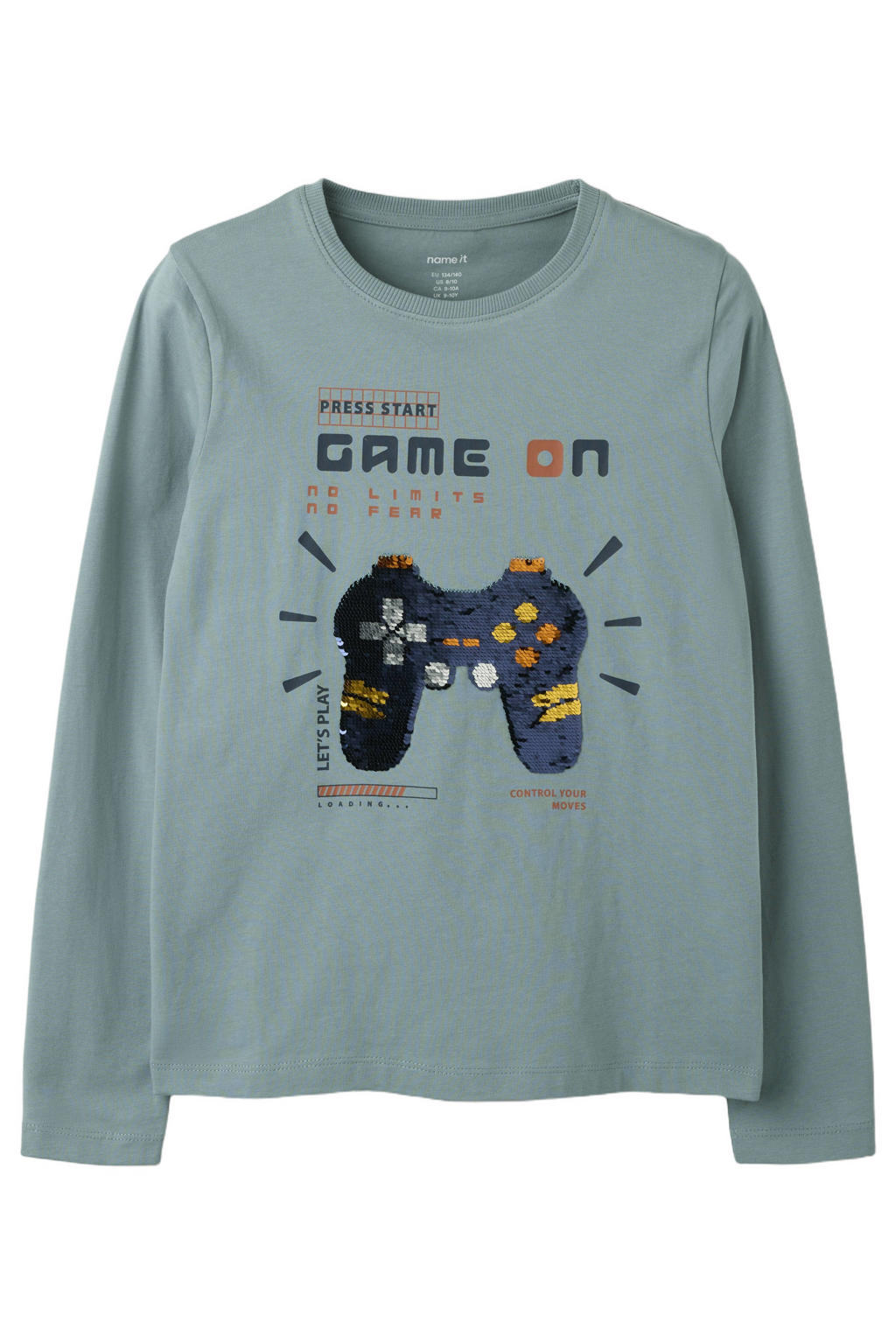 NAME IT KIDS rechtvallende longsleeve met pailletten en print - grijsblauw