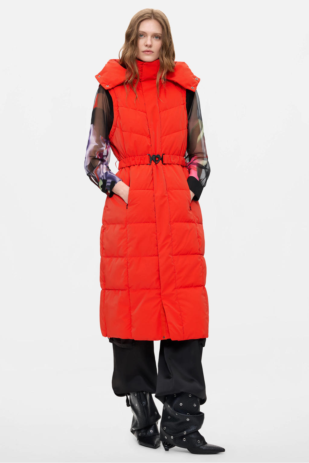 Rode dames Desigual imitatieleren winterjas van polyester met lange mouwen, capuchon en ceintuur
