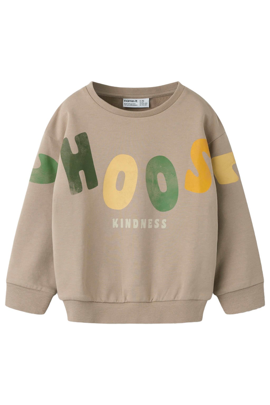 Beige jongens NAME IT MINI sweater van katoen met printopdruk, lange mouwen, ronde hals en geribde boorden
