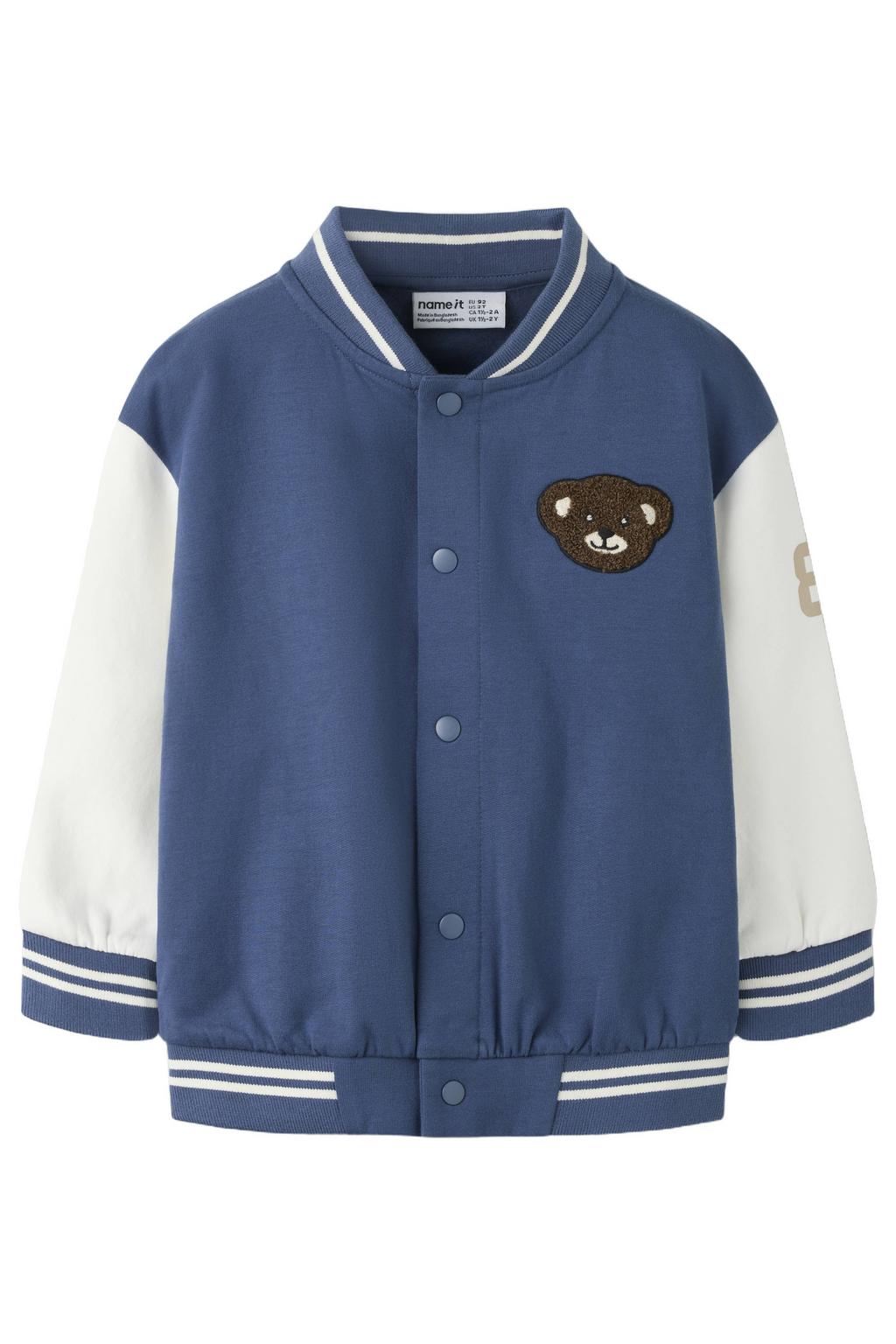Blauwe jongens NAME IT MINI rechtvallend sweatvest van stretchkatoen met effen, lange mouwen, ronde hals, drukknoopsluiting en geribde boorden