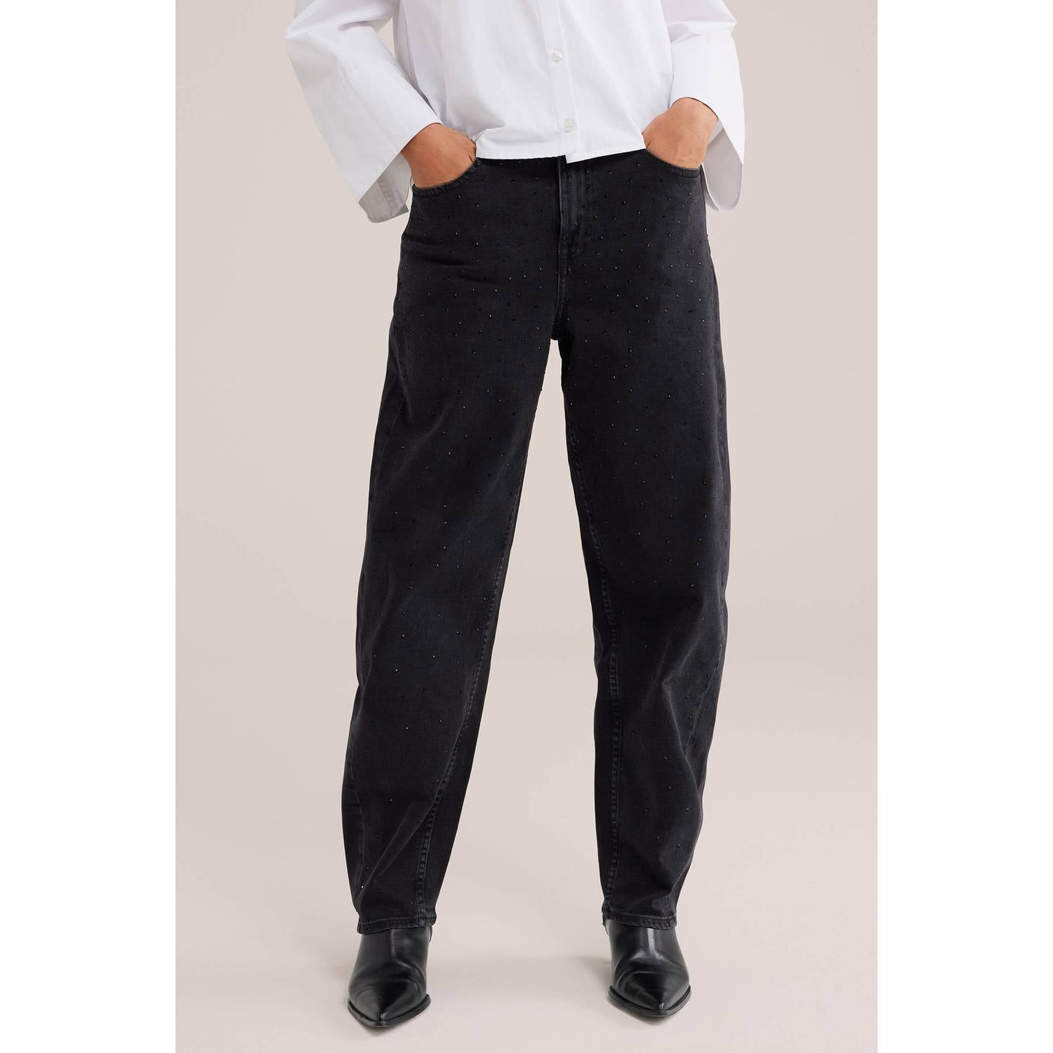 WE Fashion barrel jeans met strass-steentjes black denim