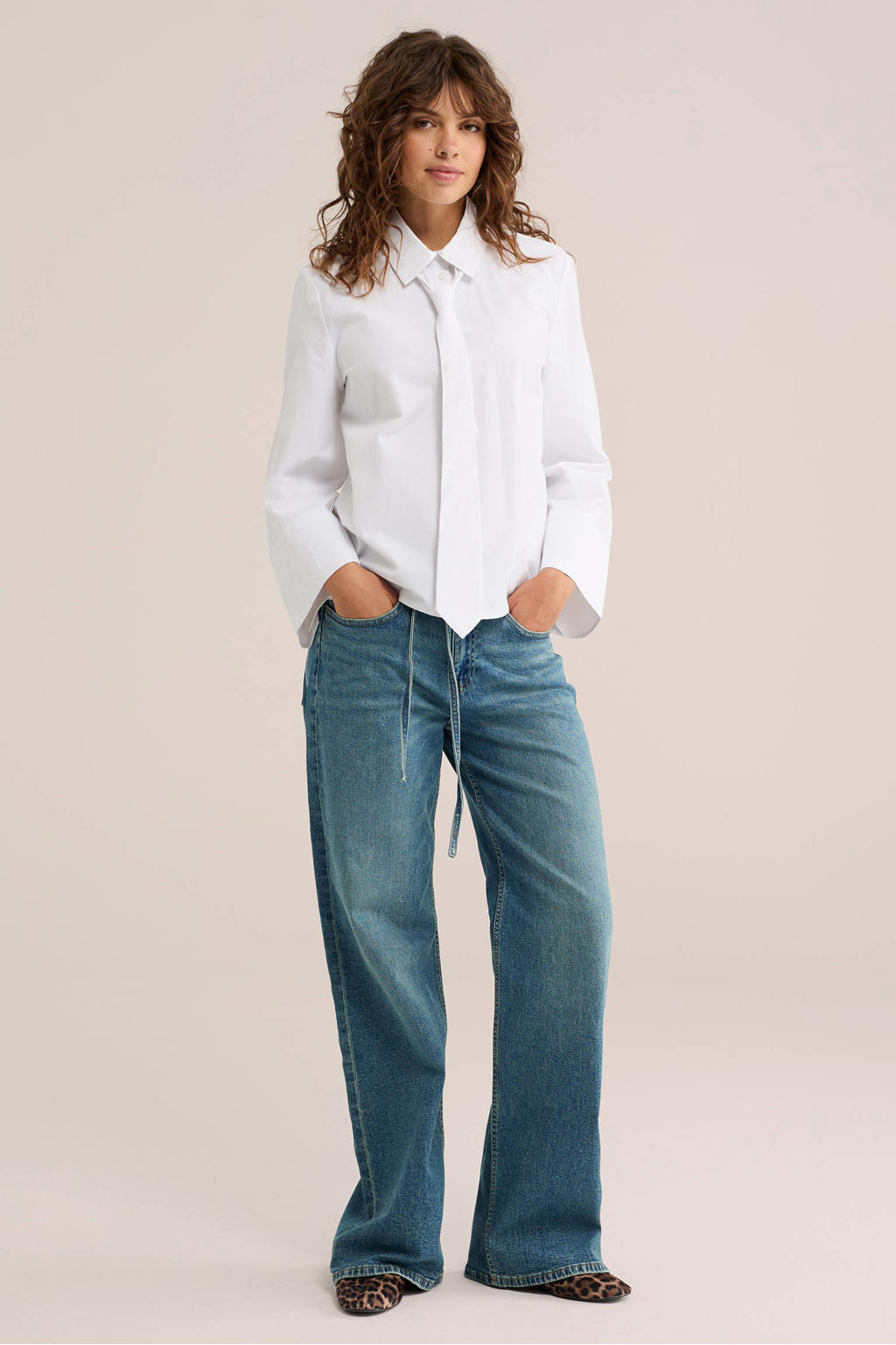 WE Fashion Blue Ridge wide leg jeans met ceintuur - mediumblauw