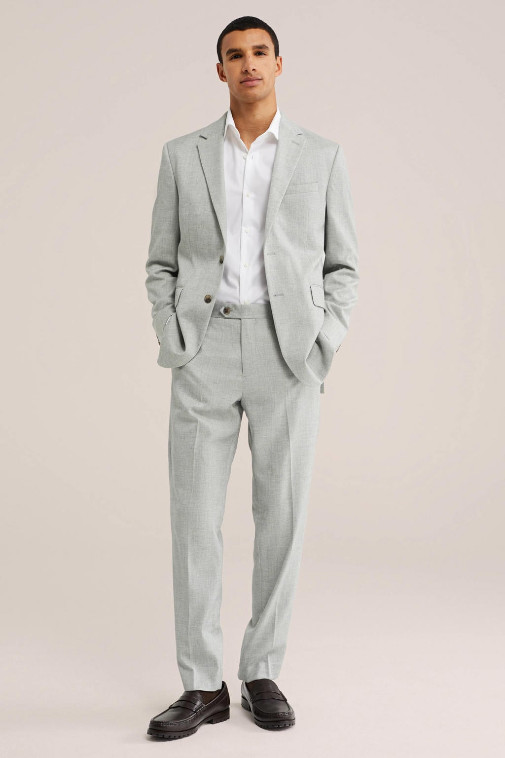 Grijze heren WE Fashion slim fit colbert van polyester met effen en V-hals
