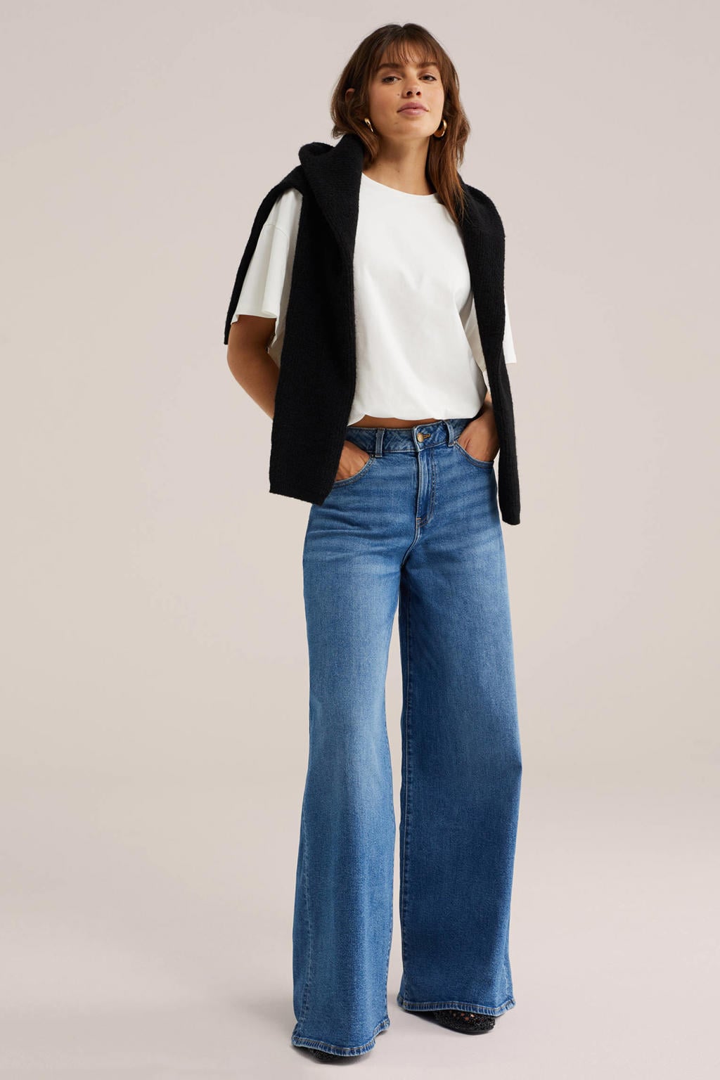 Dark blue denim dames WE Fashion wide leg jeans van denim met high waist, rits- en knoopsluiting en effen